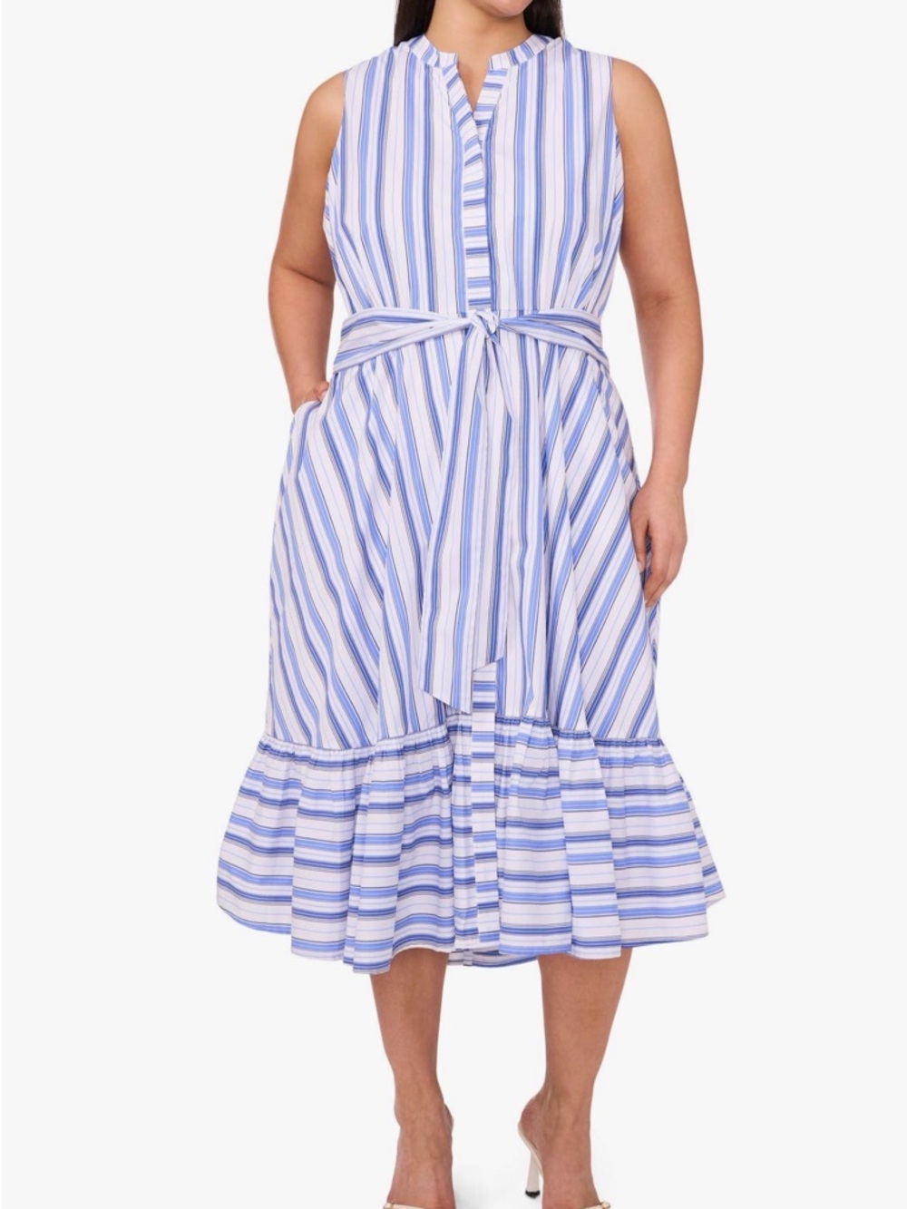 Light Blue & White Striped Sleeveless long dress button down with side pockets